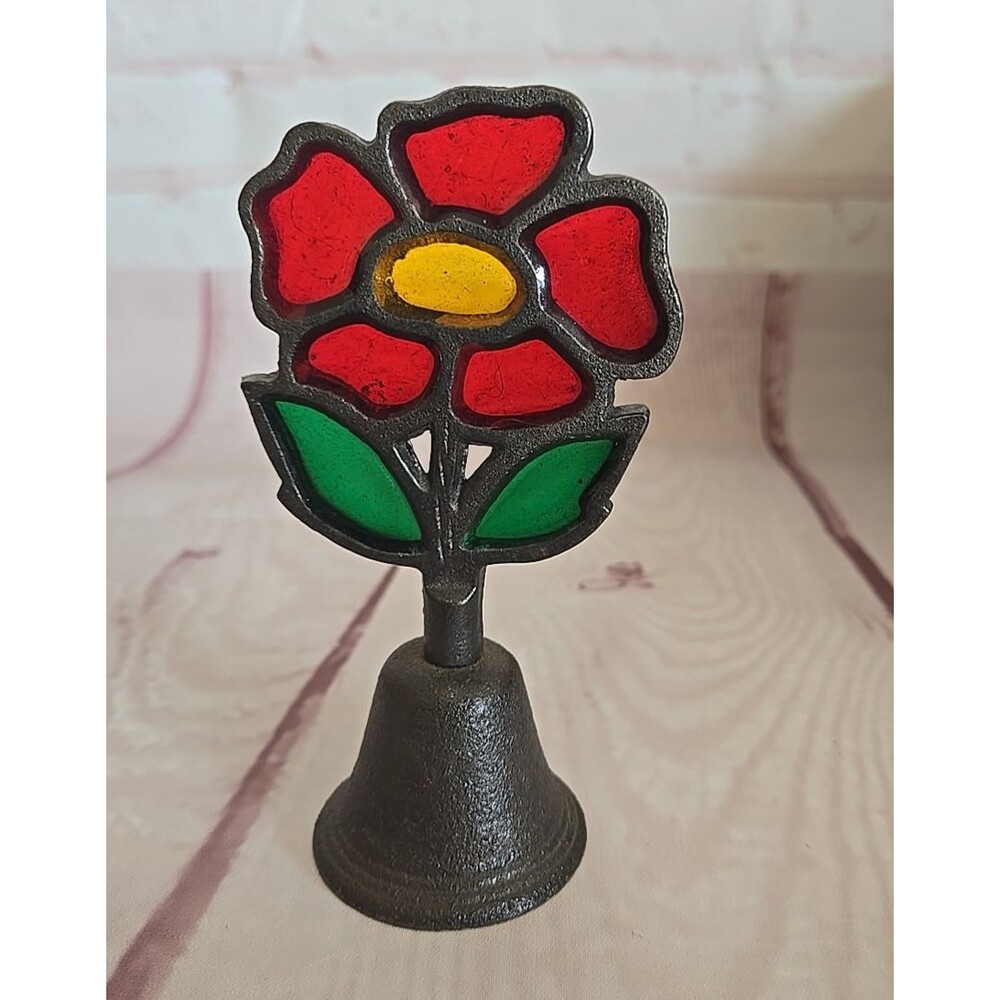 Vintage Stained Glass Bell Flower Red & Yellow Metal Hand Bell 5.25” Tall